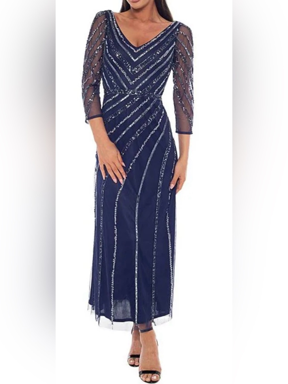 Oleg Cassini Navy Beaded V-Neck Long Sleeve Evening Gown
